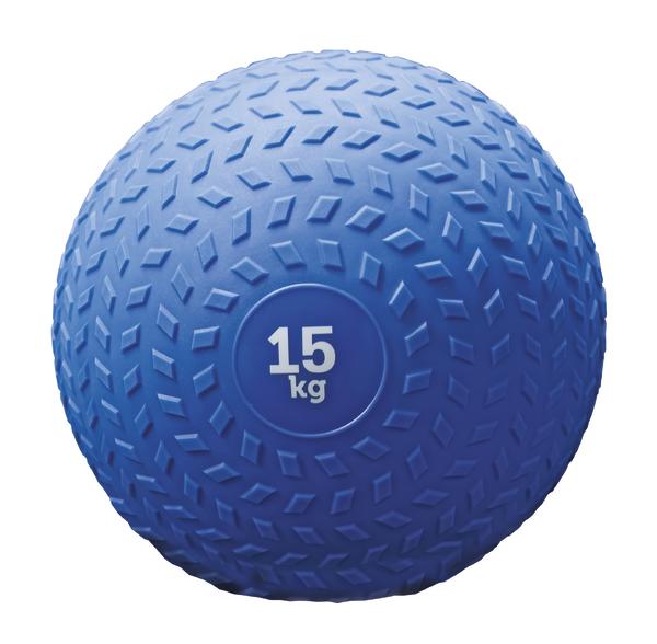 Blauer 15 kg Slam Ball mit rutschfester Oberfläche für Krafttraining und Fitness.