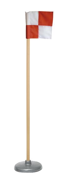 Eckfahne mit rot-weiß kariertem Stoff auf Holzstab und rundem Metallfuß.