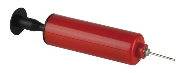 Rote Handluftpumpe mit Nadelventil zum Aufpumpen von Bällen und Sportgeräten.