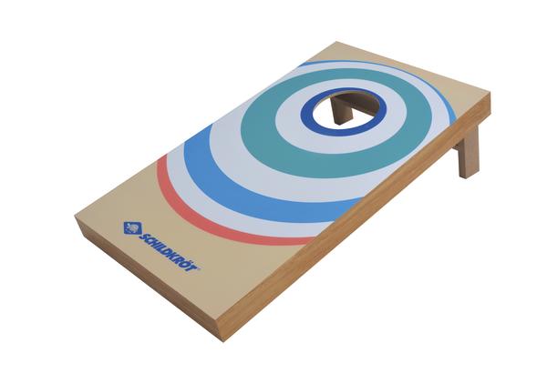 Holz-Bohnensack-Wurfspiel mit buntem Zielkreis und Loch für Outdoor-Spiele.