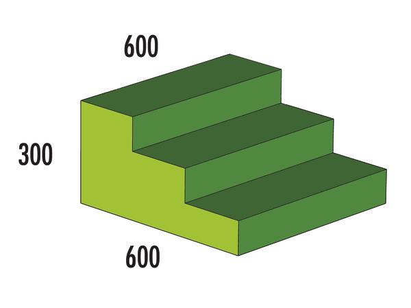 3-stufige grüne Treppe mit den Maßen 600x600x300 Millimeter.