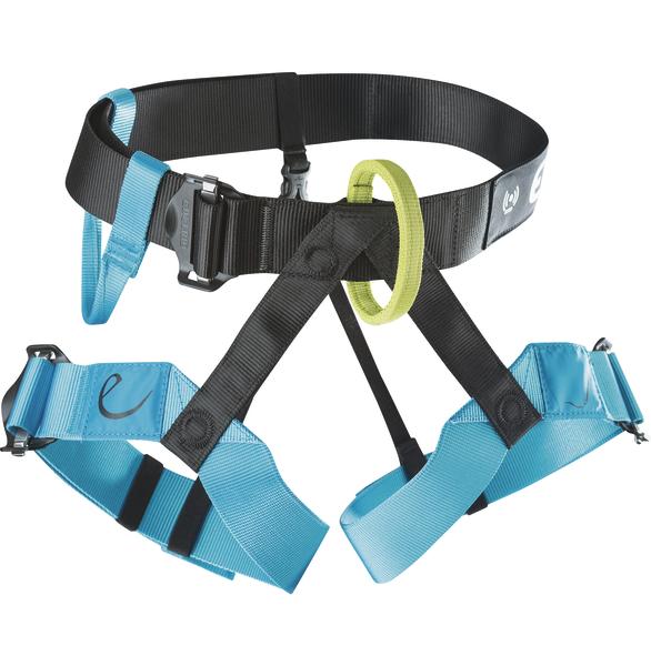 Klettergurt mit blauen Beinschlaufen und schwarzem Hüftgurt für Bergsteigen und Klettern.