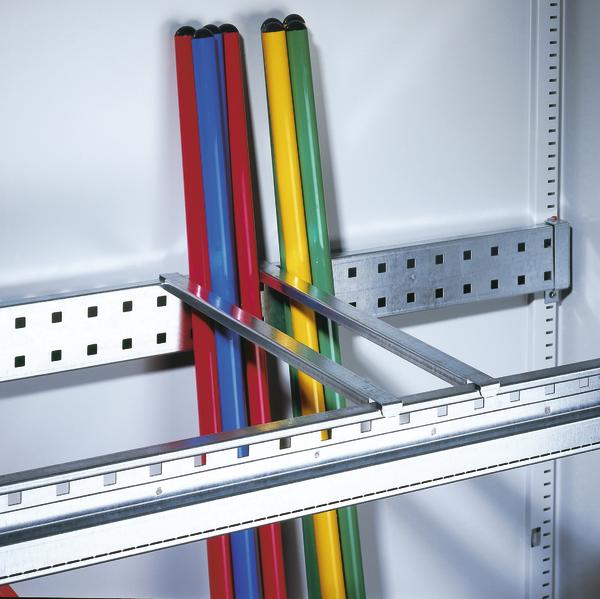 Längstraversen mit zwei Trennstegen und bunte Stäbe in roter, blauer, gelber und grüner Isolierung.