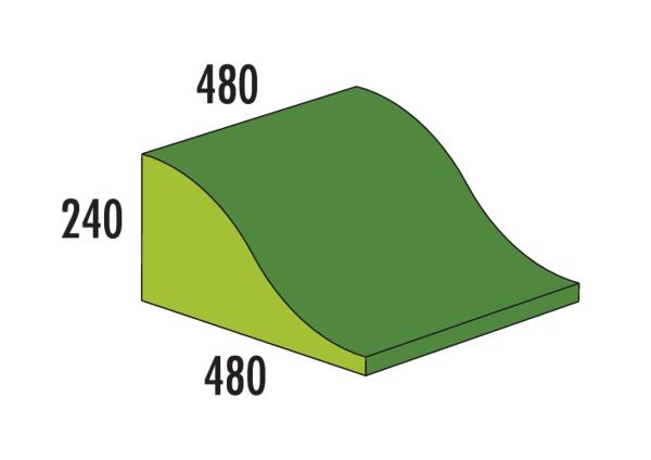 3D-Darstellung eines grünen Keils mit den Maßen 480x480x240 Millimeter.
