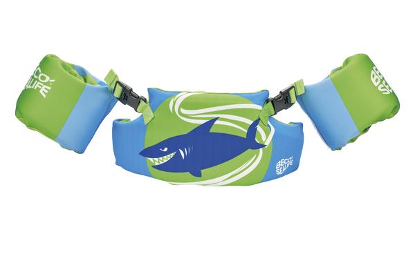 Kinder-Schwimmhilfe mit Hai-Motiv in Blau und Grün für sicheres Schwimmen.
