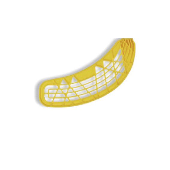 Gelbe Floorball-Schaufel mit offenem Gitterdesign auf weißem Hintergrund