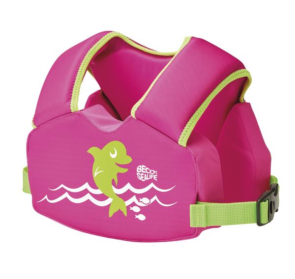 Kinder-Schwimmweste pink mit grünem Fischmotiv und verstellbarem Gurt für Wassersicherheit.