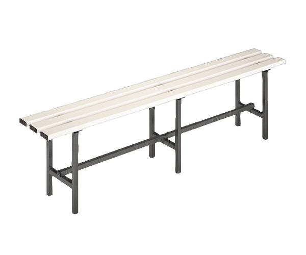 Bank mit weißer Holzsitzfläche und schwarzem Metallgestell, einfache Sitzgelegenheit.