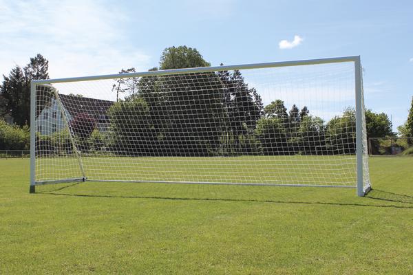 Fußballtor auf grünem Spielfeld bei klarem Himmel im Freien.