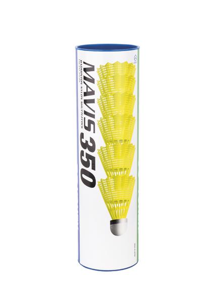 Yonex Mavis 350 Badmintonbälle, neongelber Korb, blau/mittel
