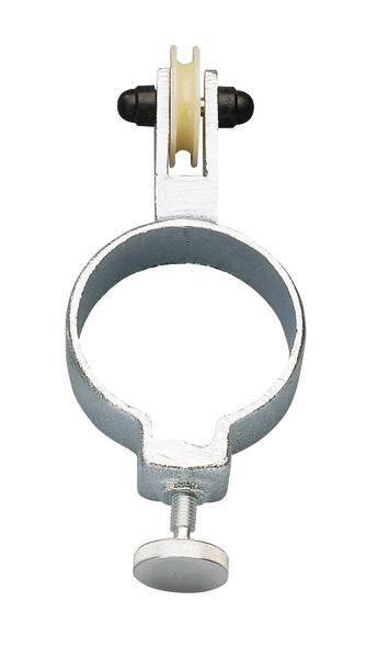 Rohrschelle mit Kunststoffrolle und Schraubverschluss zur Befestigung von Rohren.