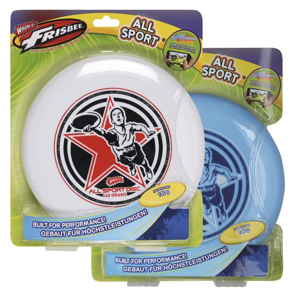 Zwei Wham-O Frisbeescheiben in Weiß und Blau, All Sport Edition, 140 Gramm, verpackt.