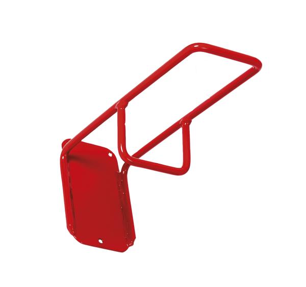 Roter Metallhalter zur Wandmontage, geeignet für Schläuche oder Kabel, isoliert.
