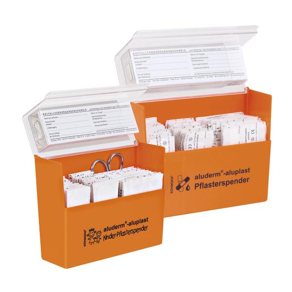 Orange Pflasterspender mit Kinder- und Standardpflastern und Schere, geöffnete Deckel sichtbar.