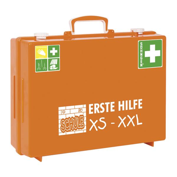 Orangeer Erste-Hilfe-Koffer für Schule mit XS bis XXL Größen, gut sichtbar und griffbereit.