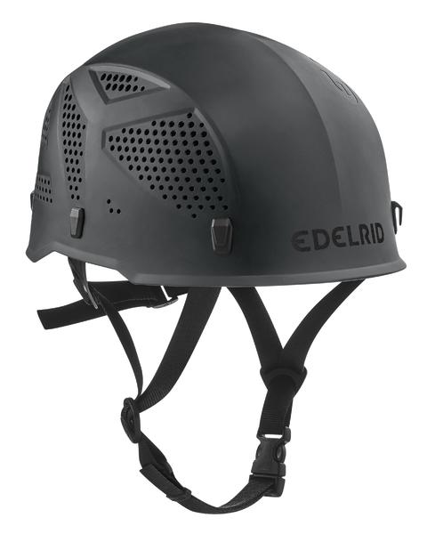 Schwarzer Kletterhelm mit Belüftung und verstellbarem Kinnriemen von Edelrid.