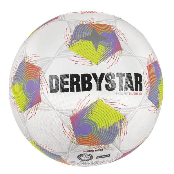 Rückseite weißer DERBYSTAR Brillant S-Light 290 Fußball mit lila-gelb-grünem Spiraldesign und strukturierter Oberfläche
