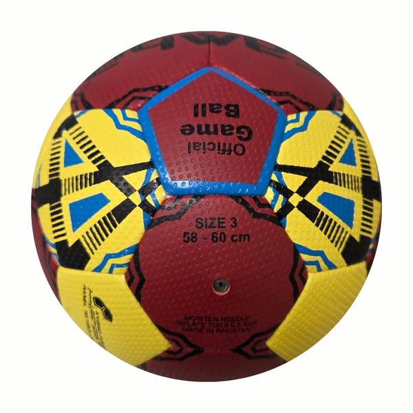 Gelb-roter SAMBA Handball „Official Game Ball“, Größe 3 (58–60 cm), mit blau-schwarzem Grafikdesign und strukturierter Oberfläche.