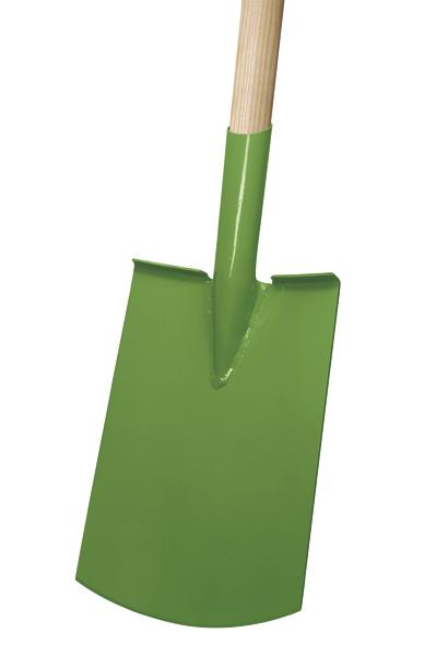 Grüne Gartenschaufel mit Holzstiel.
