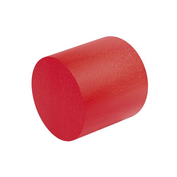 Roter Schaumstoff-Zylinder mit glatter Oberfläche auf weißem Hintergrund.