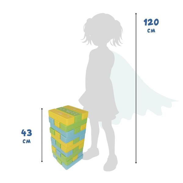 Grüner und gelber Stapelturm aus Spielsteinen mit Maßangaben, daneben Silhouette eines Kindes zum Größenvergleich.