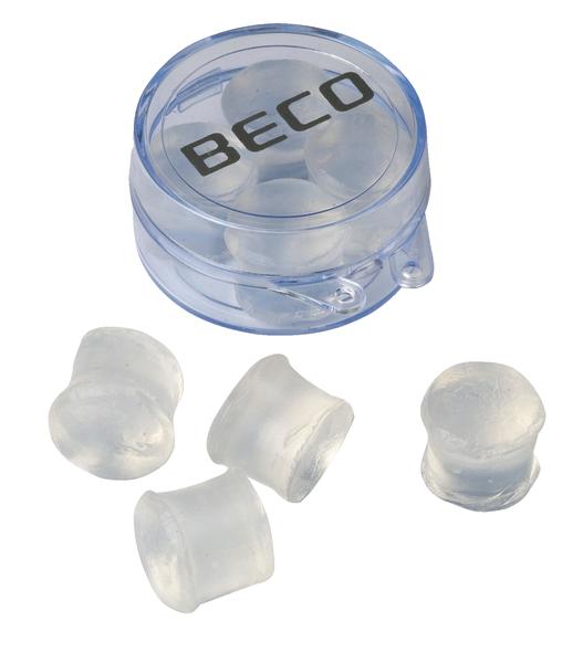 Transparente Ohrstöpsel mit Aufbewahrungsbox von Beco, schalldämmend und wiederverwendbar.