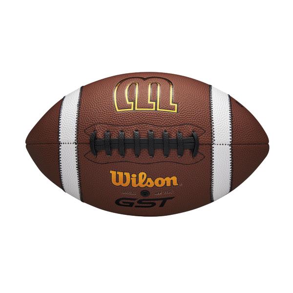 Brauner Wilson-American-Football mit weißem Streifen und schwarzer Schnürung vor weißem Hintergrund.