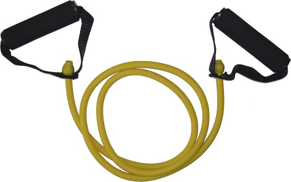 Gelbes Fitness-Resistance-Band mit schwarzen Griffen für Kraft- und Dehnübungen.
