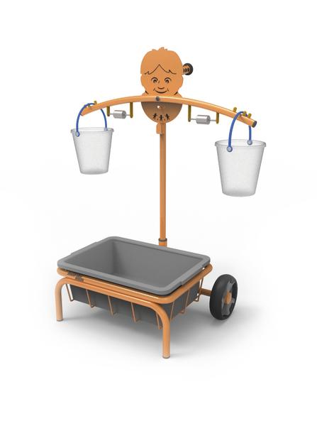Kinderspielzeug Schubkarre mit Waage und zwei Eimern, orange und grau, isoliert.