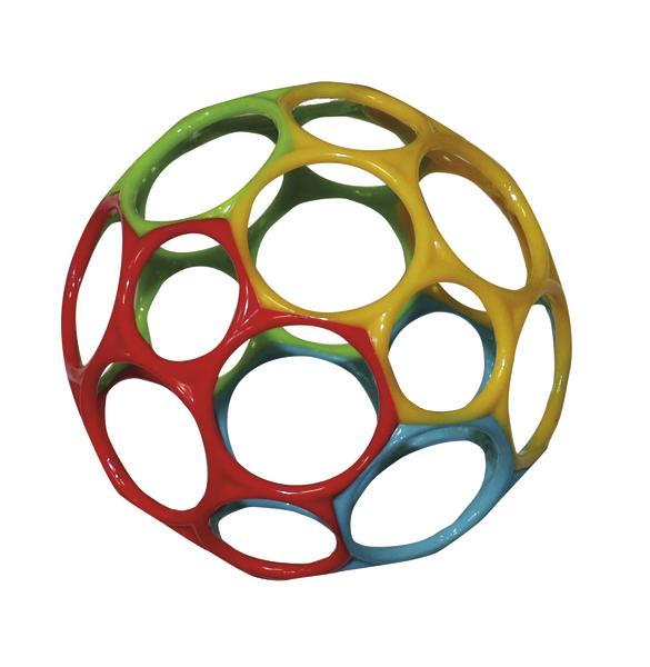 Bunter, offener Kunststoffball mit großen runden Löchern, Spielzeug für Babys.