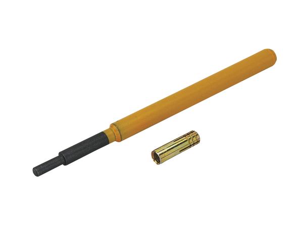 Gelber Handgriff mit Metallkern und passender Metallhülse für Werkzeugmontage.