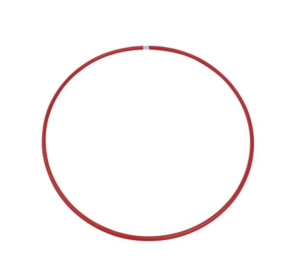 Roter Hula-Hoop-Reifen auf weißem Hintergrund, rund und einfach gestaltet.