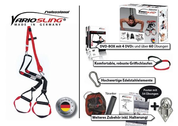 Rotes und schwarzes VarioSling Trainingsband mit Griffschlaufen und Karabiner. VarioSling Trainingsset mit 4 DVDs, über 60 Übungen und Zubehör.  VarioSling Zubehör: Türanker, Tragetasche und Übungsposter mit 54 Übungen.