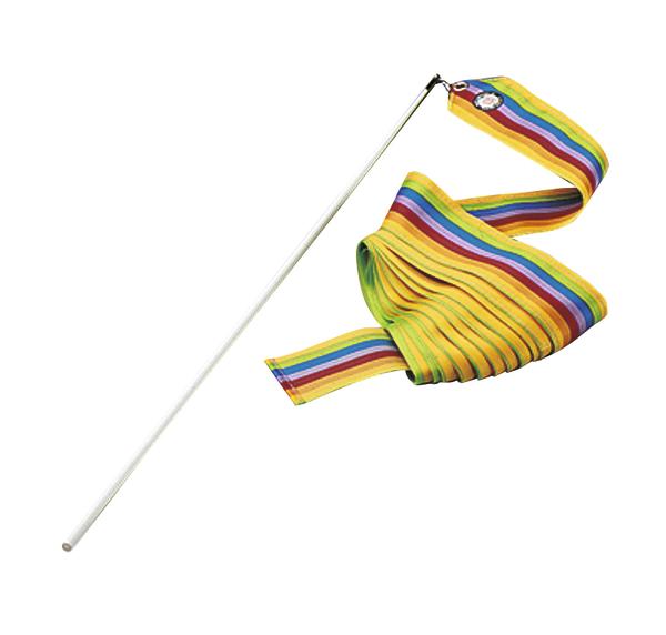 Rhythmikband mit buntem Regenbogenmuster an weißem Stab für Gymnastik und Tanz.