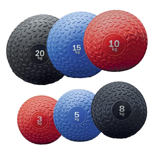 Schwergewichtete Slam Bälle in verschiedenen Größen und Farben für Fitnessübungen.