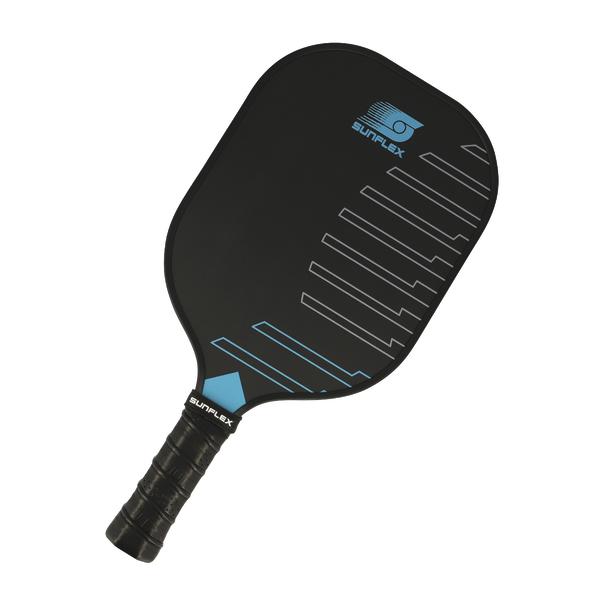 Schwarzer Pickleball-Schläger mit blauem Sunflex-Logo und Griffband.