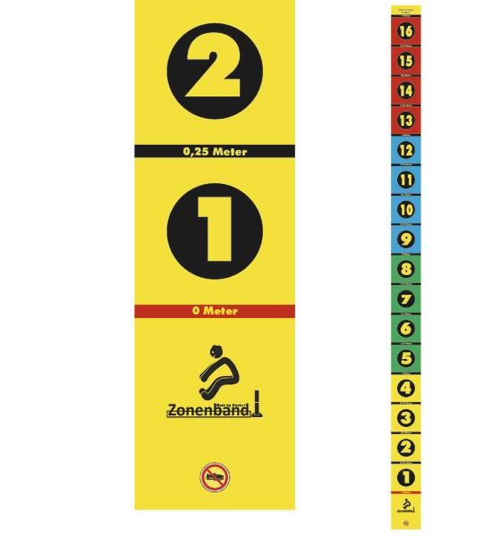 Buntes Zonenband mit nummerierten Messmarkierungen von 0 bis 16 Metern für Sport und Training.