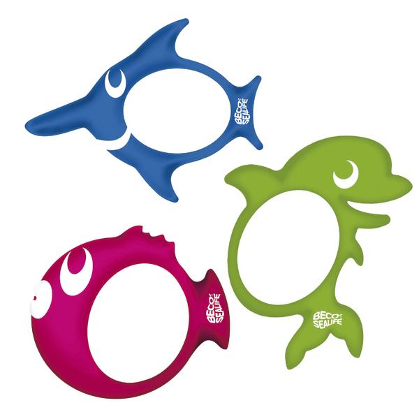 Bunte Tierförmige Schwimmringe in Blau, Grün und Rot für Kinder.