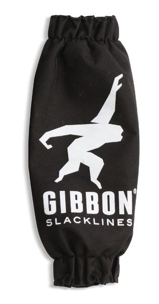 Schwarzer Gibbon Slacklines Schutzsleeve mit weißem Logo und Affen-Silhouette.