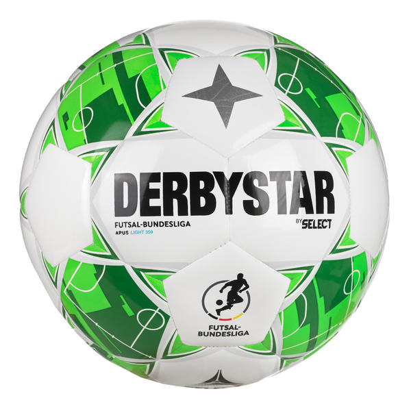 Weiß-grüner DERBYSTAR Futsal-Bundesliga Apus Light 350 Futsalball mit integriertem Spielfeld-Design, offiziellen Bundesliga-Logos und markantem DERBYSTAR-Schriftzug