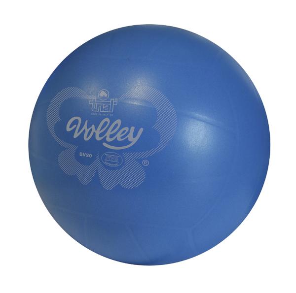 Blauer Volleyball mit weißem Logo und Schriftzug "Volley" auf weißem Hintergrund.