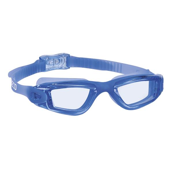 Blaue Schwimmbrille mit verstellbarem Silikonband und klaren Gläsern für Wassersport.
