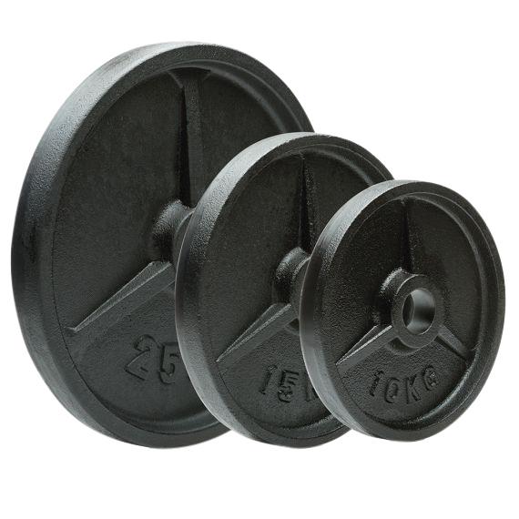 Schwarze Gusseisen-Gewichtsscheiben mit 10, 15 und 25 Kilogramm für Krafttraining.