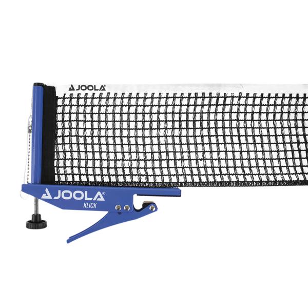 Tischtennisnetz JOOLA Klick mit blauem Klammermechanismus und schwarzem Netz