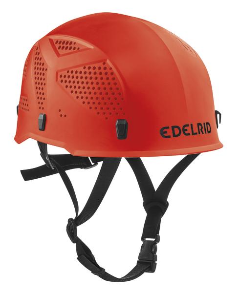 Kletterhelm Edelrid in leuchtendem Orange mit verstellbarem Kinnriemen und Belüftungslöchern.