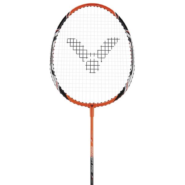 Badmintonschläger von Victor in Orange und Schwarz mit bespanntem Schlägerkopf, freigestellt vor weißem Hintergrund.