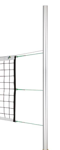 Volleyballnetz mit Aluminium-Pfosten und schwarzen Netzstreben, isoliert auf weißem Hintergrund.