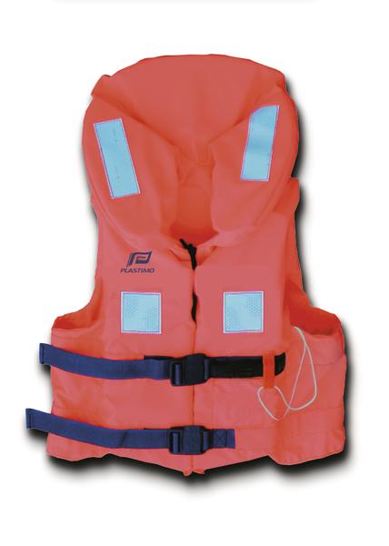 Orange Rettungsweste mit reflektierenden Streifen und zwei schwarzen Gurten für Wassersicherheit.