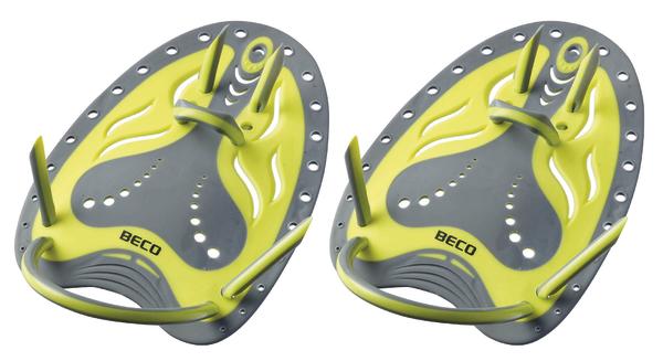 Paar gelb-graue Schwimmhandpaddel für Schwimmtraining und Kraftsteigerung im Wasser.