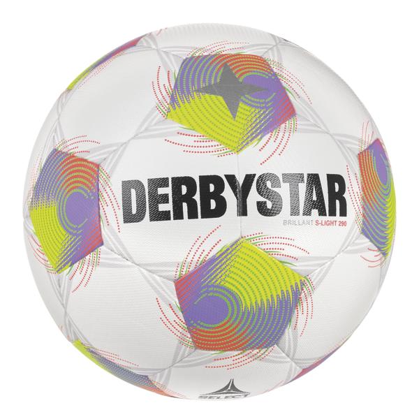 Weißer DERBYSTAR Brillant S-Light 290 Fußball mit lila-gelb-grünem Spiraldesign und strukturierter Oberfläche